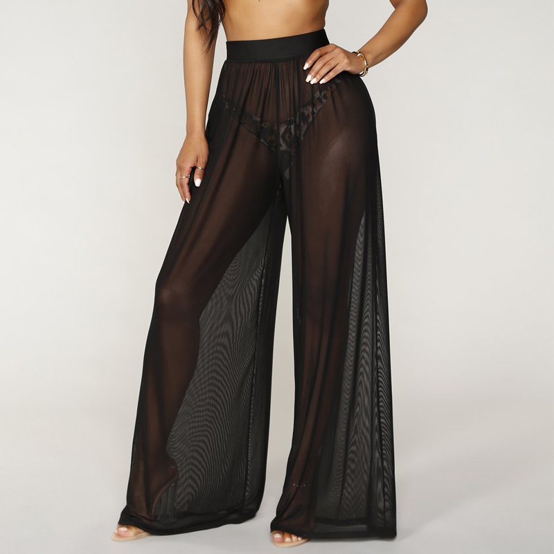 

Women' Perspective Net Yarn Night Club Sexy Wide Leg Pants Popular Solid Color Summer Beach Casual Pants, Black