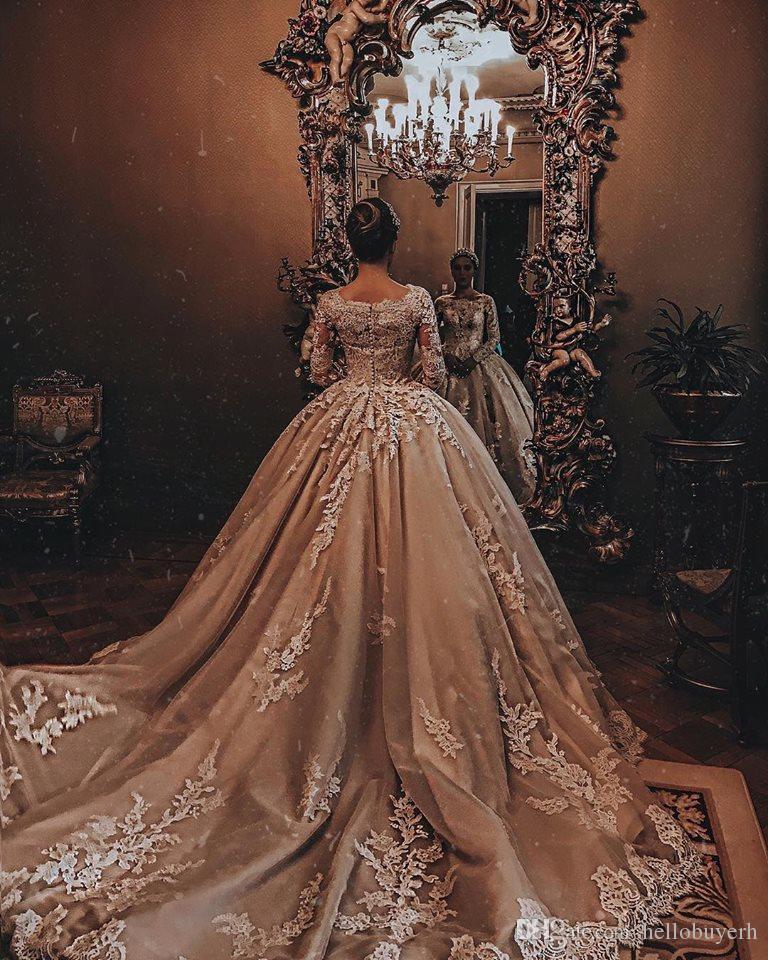 

Ball Gown Vintage Muslim Long Sleeve Plus Size Champagne Princess Wedding Dresses Bling Train Bridal Gowns South Africa With Beads 2019, Pink