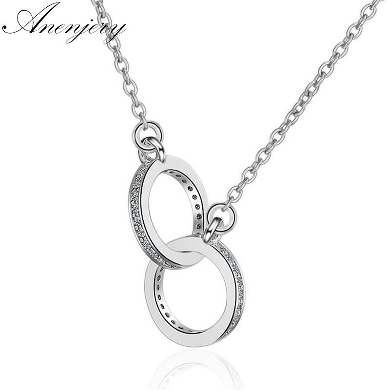 

925 Sterling Silver Double Circle Cz Zirconia Necklaces & Pendants For Women Gift Kolye Choker Collares Bijoux