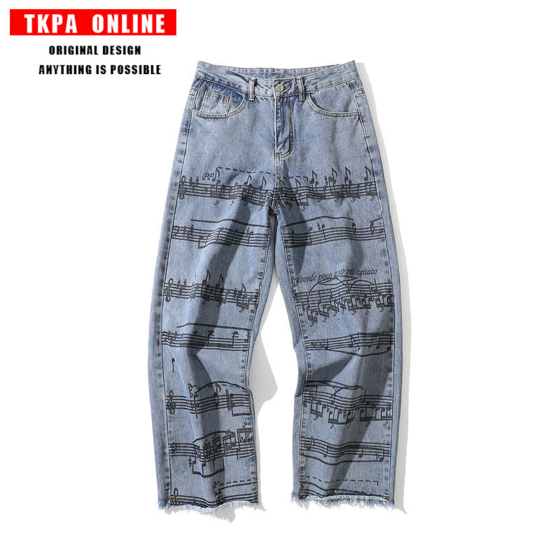 

Tkpa new men's and women's daddy pants original mourning loose wide leg hip-hop wash old note print jeans, See chart