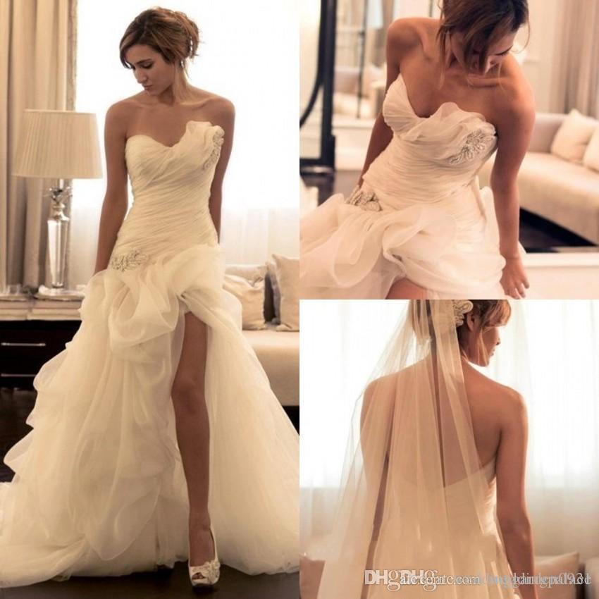 

2019 Chic Sexy Wedding Dresses Lace Side Split Sweep Train Beads Sweetheart Beach Wedding Gowns robes de soirée Custom Made Bridal Dress, Dark navy