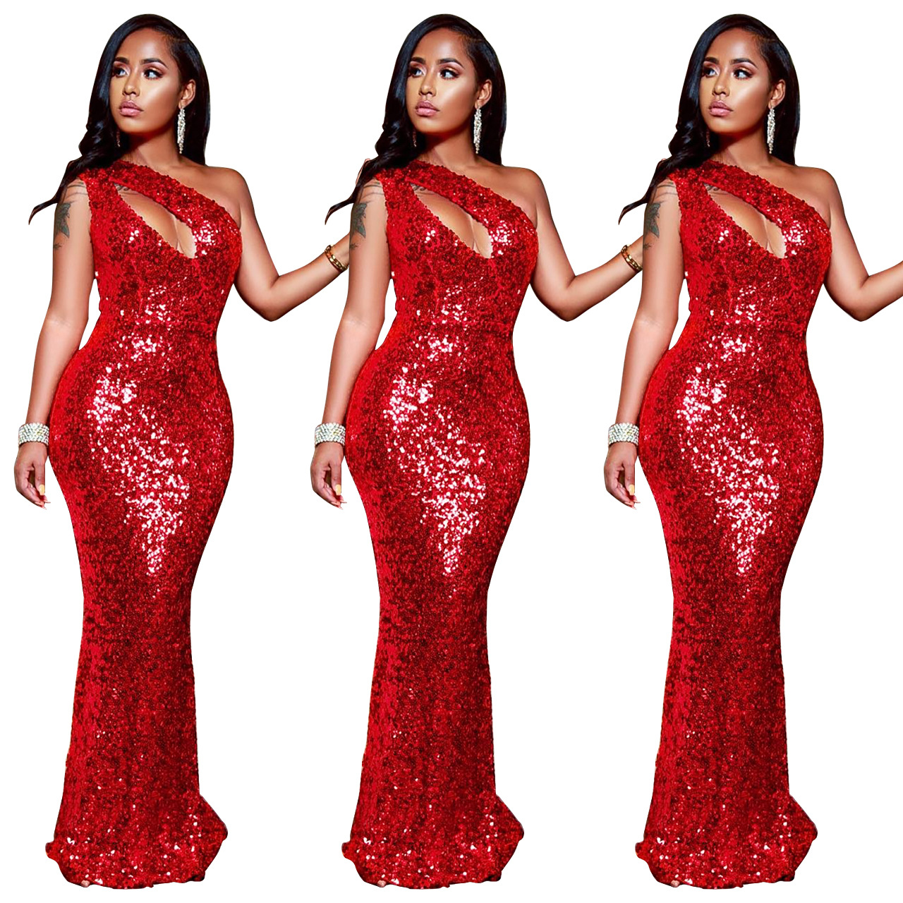 

High-end Red Sequin Evening Party Maxi Long Dress Women' Sexy Sleeveless Oblique Shoulder Hollow Out Slim Bodycon Dress Vestido