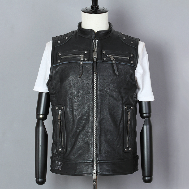 

Fashion 2020 Professional Motorcycle Biker Vest Cowskin Genuine Leather Jacket Men Rivet Black Stand Coat sleeveless