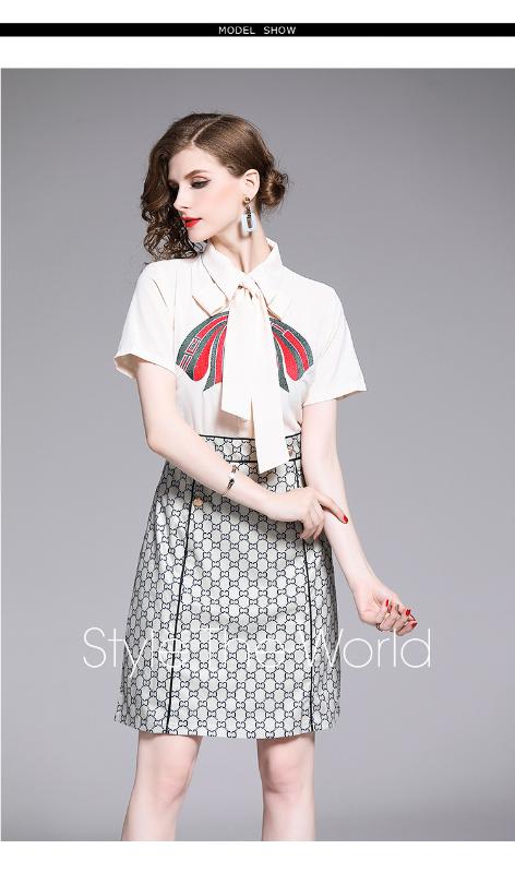 

2020 new fashion slim embroidered hem print stitching literary mid-length dress, White