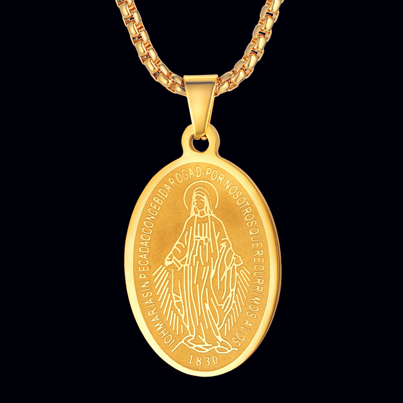 

Virgin Mary Necklace For Women men Stainless Steel Gold Color Medallion Pendant Necklace Long Choker Religious Jewelry Collier