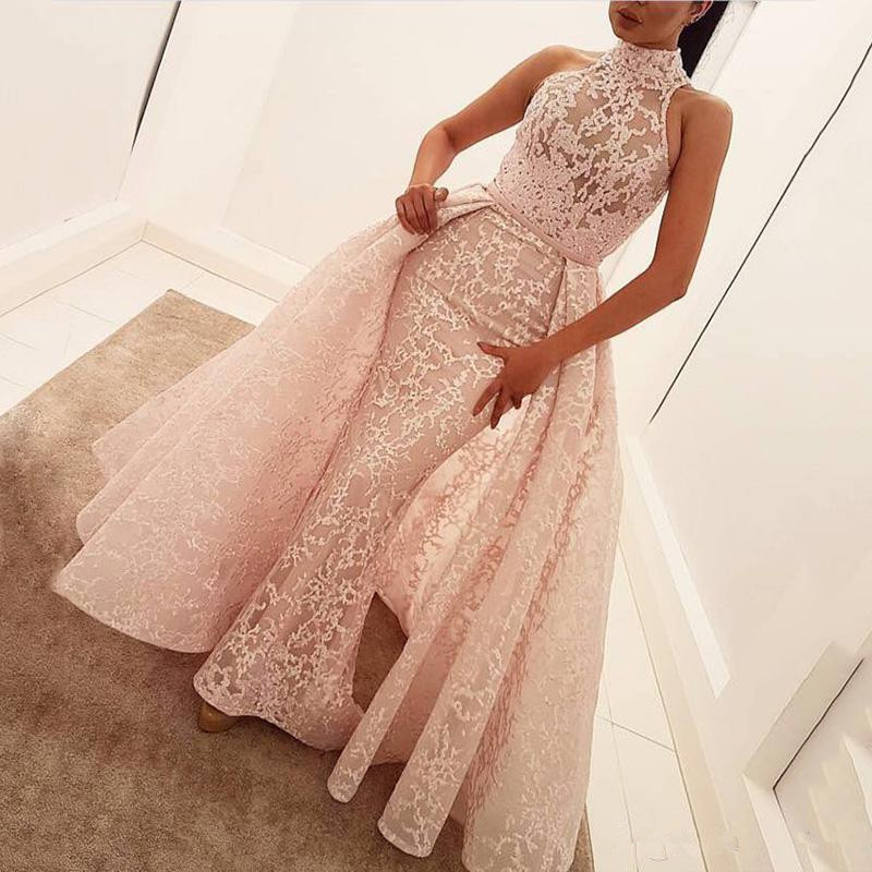 

Pink Formal Celebrity Dresses Mermaid High Collar Appliques Lace Long Evening Dresses Famous Red Carpet, Beige
