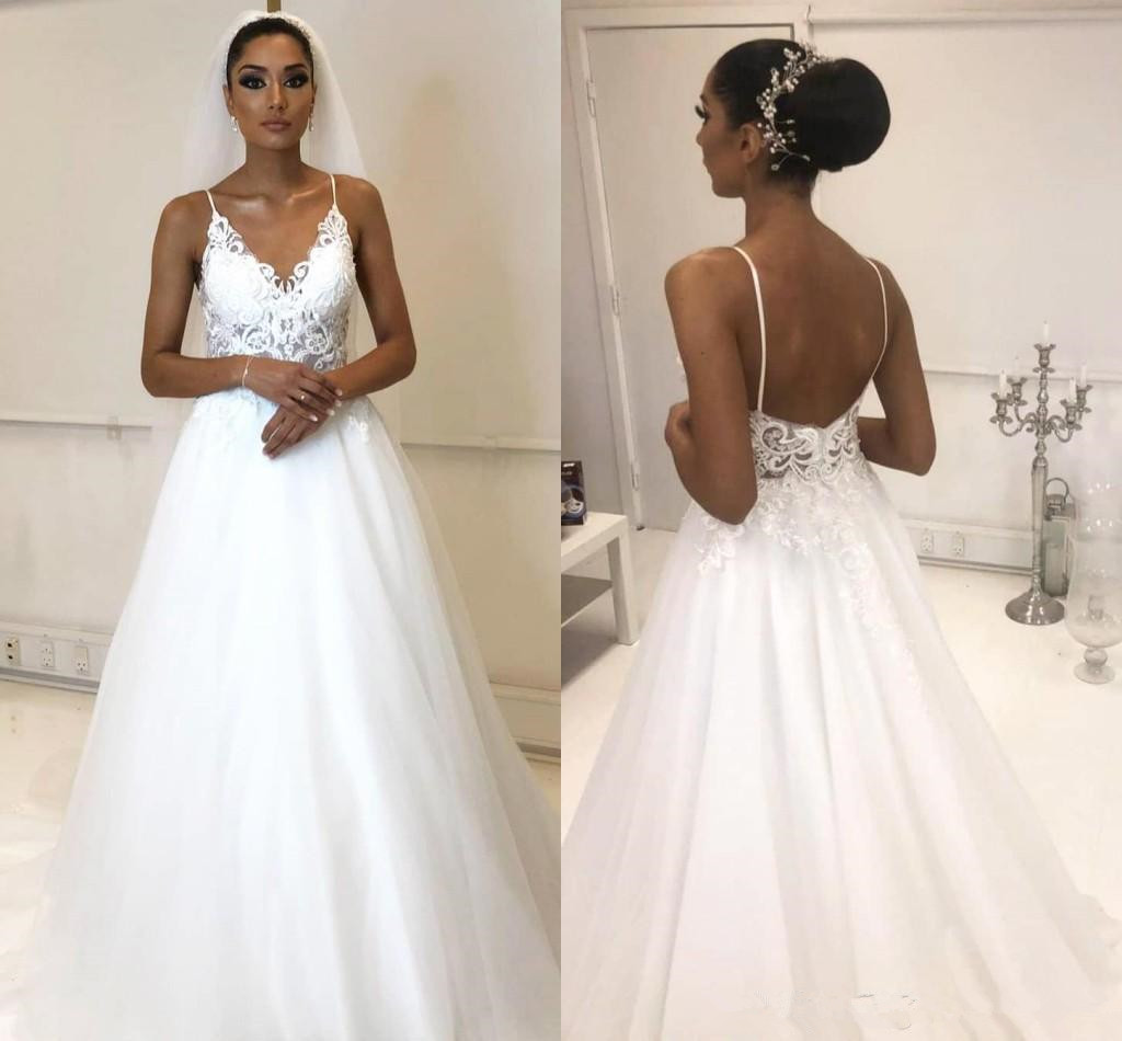 

New White A Line Wedding Dresses Summer Beach Backless Boho Bridal Gowns Spaghetti Strap Tulle Floor Length Robe de soriee A74, Same as image