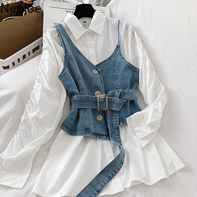 

Neploe Korean Women Two Pieces Sets Irregular Sashes Slim Waist Demin Sling Vest + Medium-long Blouse Dress Spring Suits 57388, Blue