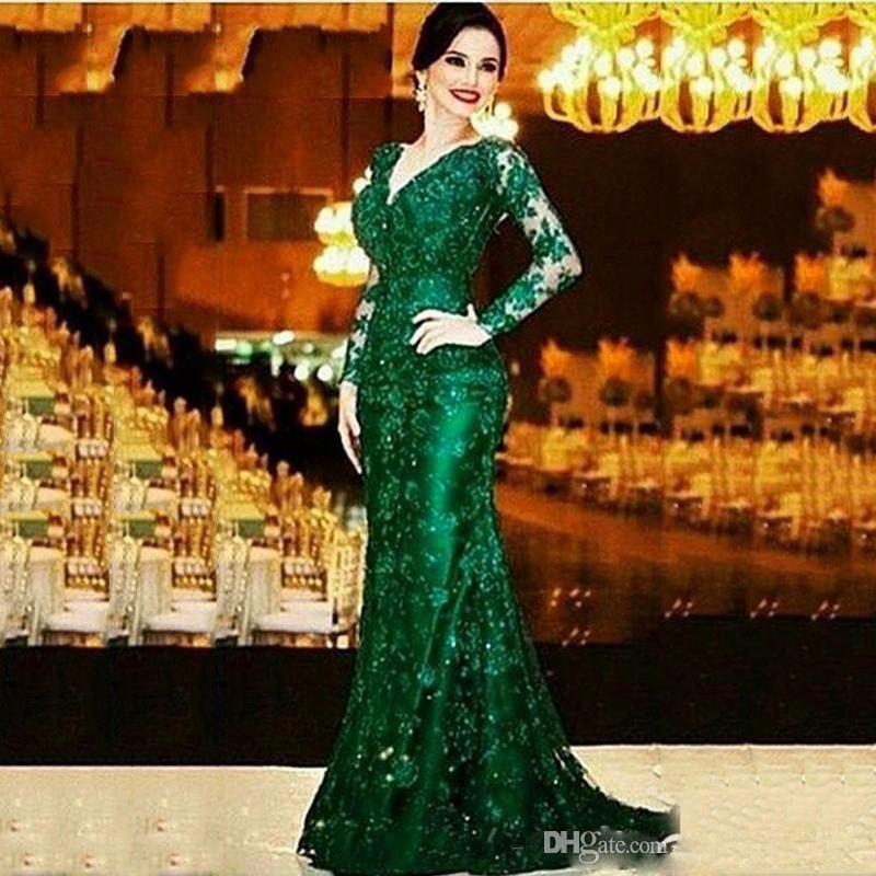 Autumn Dark Green Mermaid Evening Dress Plunging With Applique Sequins Dresses Backless Long Illusion Sleeves Lace Party Gowns Custom Made