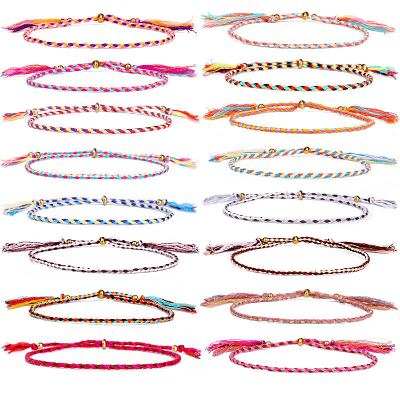 

New Fashion Handmade 4 Mixed Color Cotton Rope Woven Vsco Girl Lucky Friendship Bracelet Rainbow Boho Copper Bead Anklet For Women and Girls