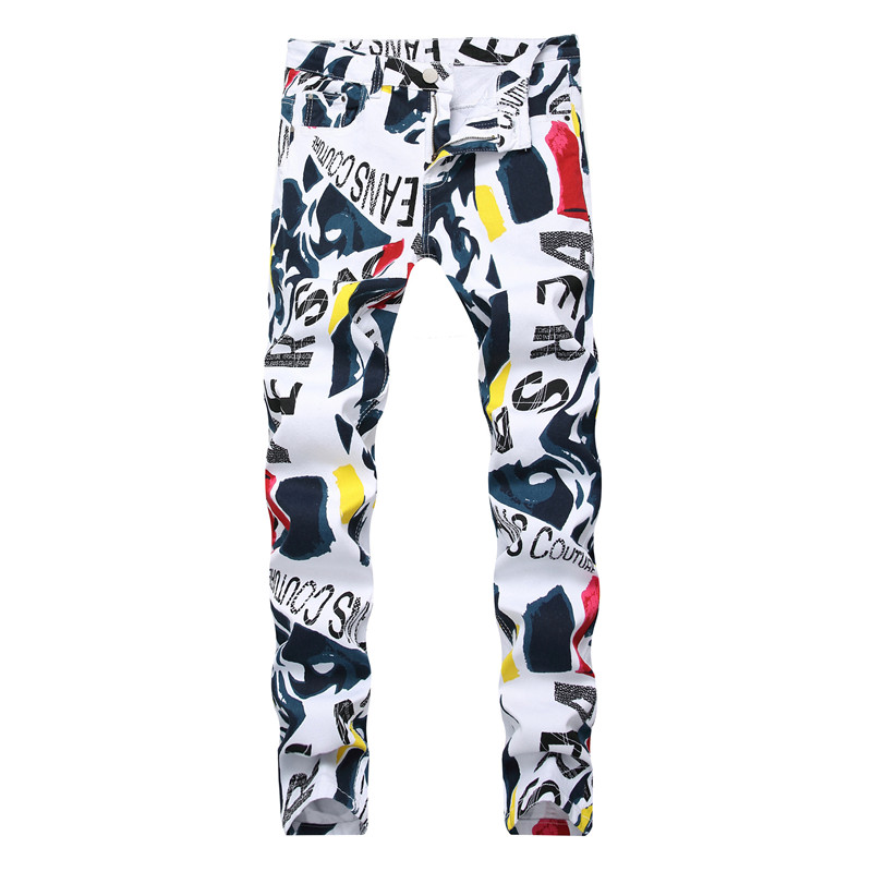

Men 3D print Hip Hop denim Pants New Fashion Brand man casual pants 3D Painted Jeans Colorful White Skinny cotton Blend long trousers, Multi