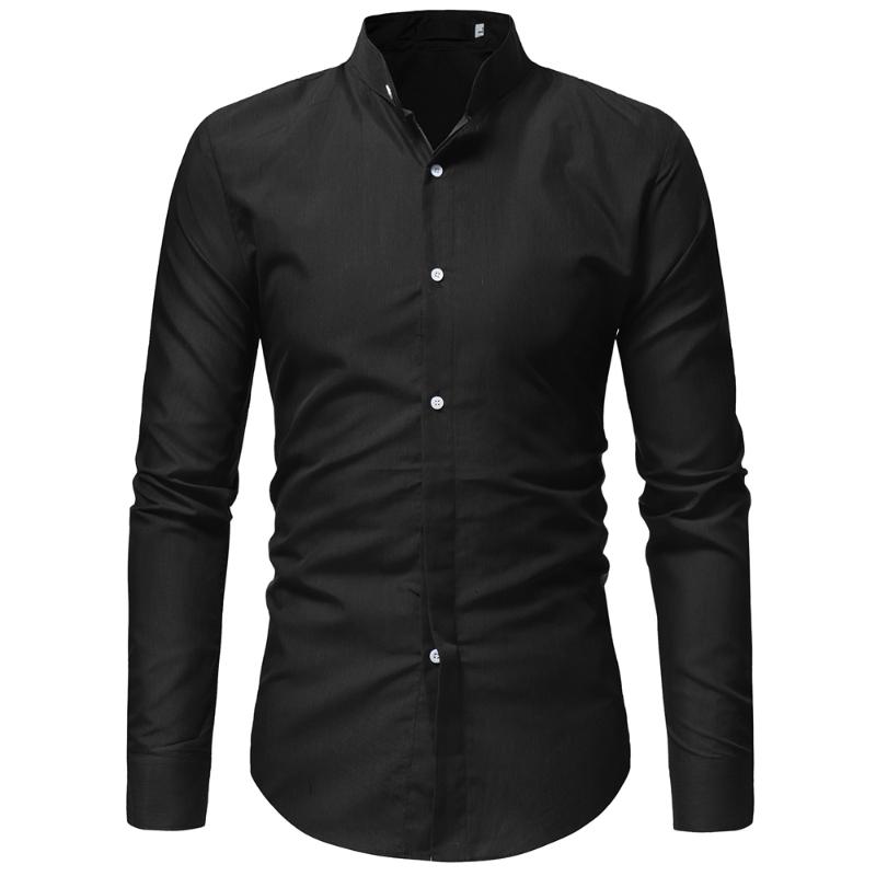 

Brand 2020 Fashion Male Shirt Long-Sleeves Tops Classic Pure Color Mens Dress Shirts Stand Collar Slim Men Shirt, Black