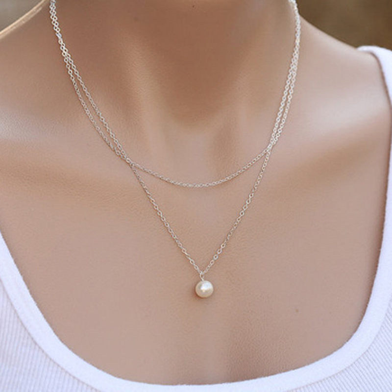 

New Vintage Double Layer Simulated Pearl Necklace Pendant Silver Color for Women Wedding Party Jewelry Best Gifts