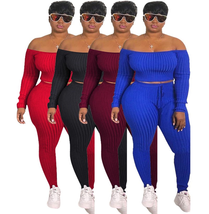 

Women plus size tracksuit sexy 2 piece set off shoulder long sleeve t shirt leggings designer fall winter clothing fashion jogger suit 1381, Blue