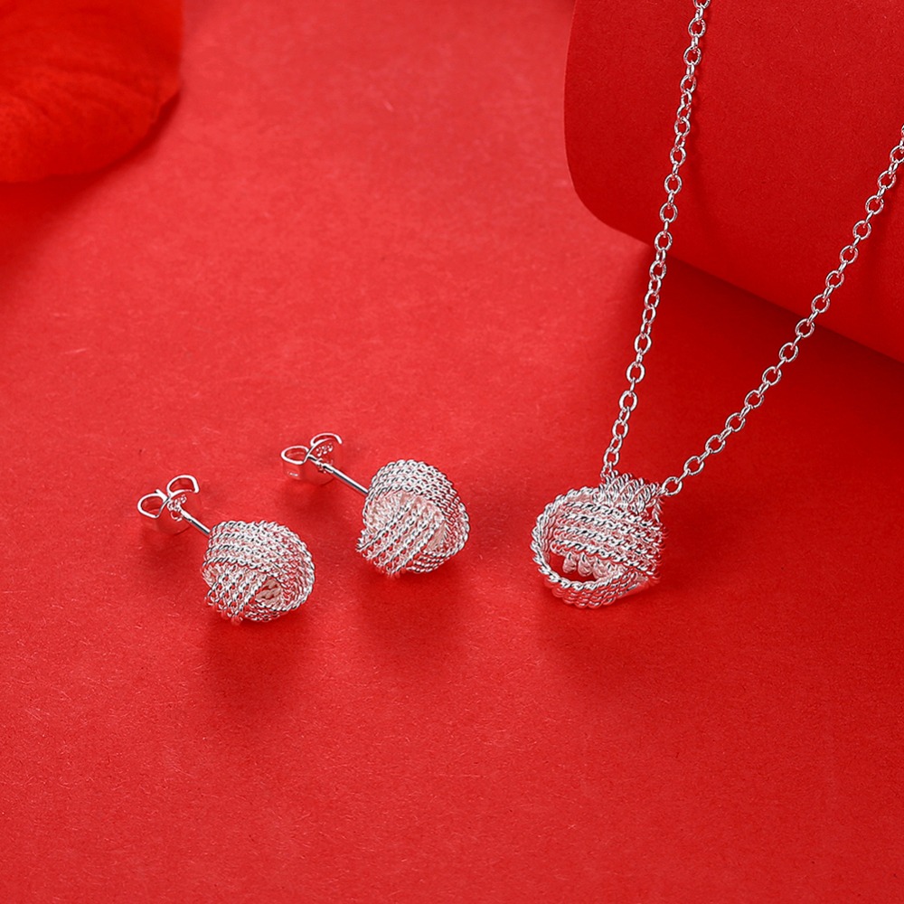 

New Arrival Silver Plated Jewelry sets for Women Net Ball Necklace Pendant silver plated stud earrings wedding jewelry sets, As pic