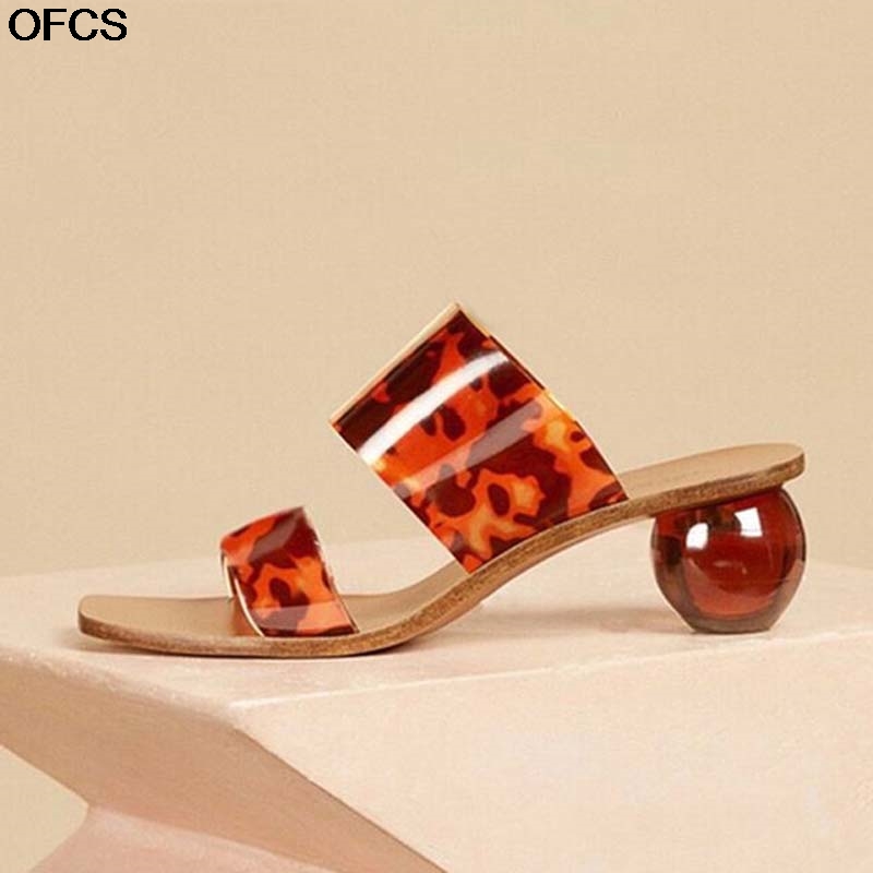 

Transparent Crystal Round Ball Heel Slippers Square Toe Women Sandals Leopard Grain Jelly Sandals Summer Clear PVC Women Shoes, Green