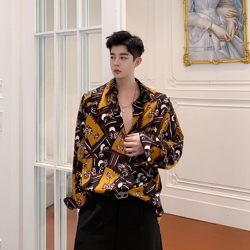 

Male Japan Korea Street Shirt Men Vintage Pattern Print Casual Loose Long Sleeve Shirt, 1187