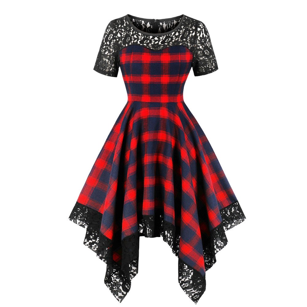 

Rosetic Women Gothic Dresses Vintage Red Plaid Lace Asymmetrical Zipper Dark Patchwork Goth Female Elegant Party Retro Dress