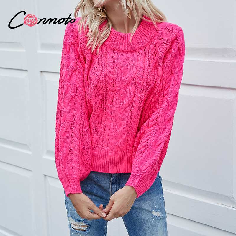 

Conmoto autumn winter 2020 braid sweater plus size women sweater casual solid pink lantern sleeve sweaters knitted pullovers, Color3