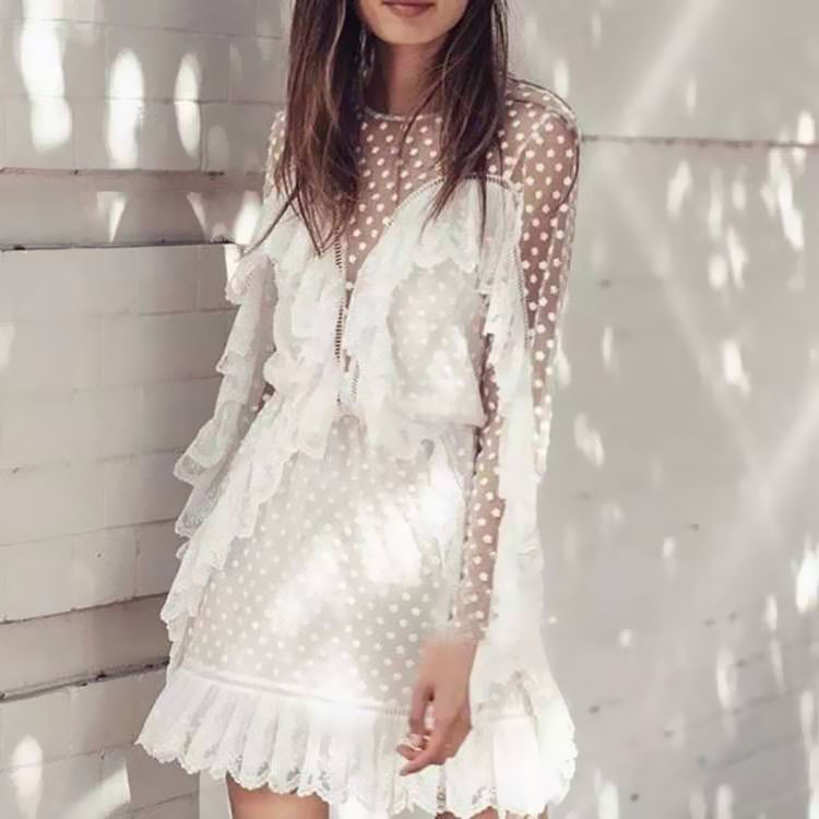 

White Mini Dress Women Polka Dot Mesh Patchwork Transparent Hollow Out Long Sleeve Ruffles Summer Spring Fashion Female Vestidos