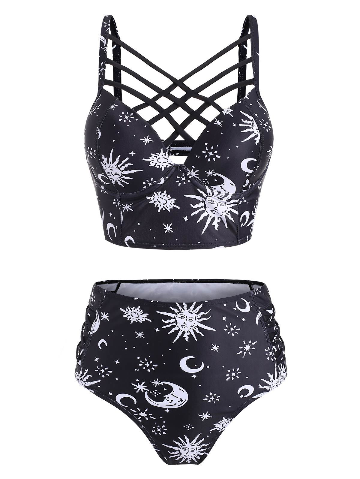 

Wipalo Women Cute Sun Star Moon Lattice High Waisted Tankini Swimsuit Ladies Two Pieces Bathing Suit Casual Summer Beach Wear Y200613, Denim dark blue