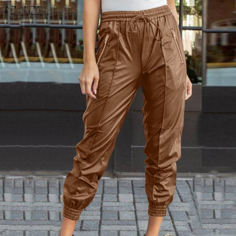 

Stylish PU Leather Pants Women' Spring Trousers ZANZEA 2020 Casual Drawstring Solid Long Pantalon Palazzo Plus Size Turnip 5XL, Black