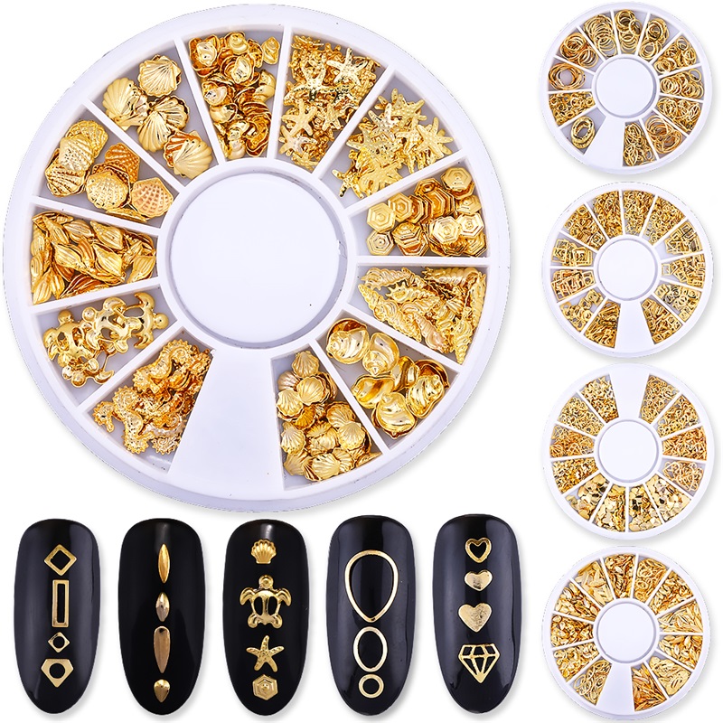 

Mixed Style 3D Gold Metal Rivets Nail Art Round Heart Decoration Nails Sticker Manicure Nail DIY Accessories in Wheel, F550