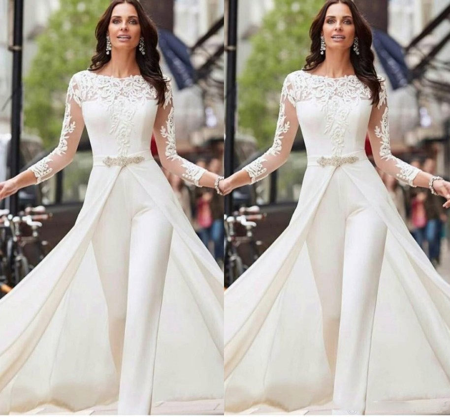 

Long Sleeve White Jumpsuits Wedding Dresses Lace Satin With Overskirts Beads Crystals Plus Size Bridal Gowns Pants Dress 2020 GH1999, Champagne