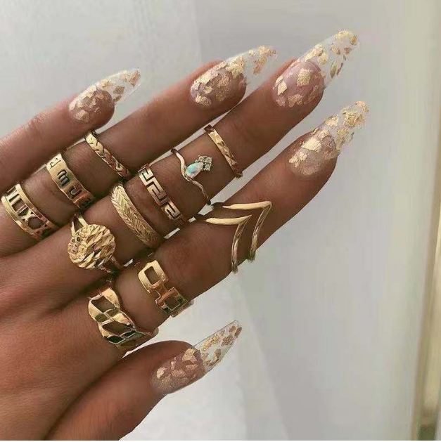 

KMVEXO 13 Pcs/Set Bohemian Gold Geometric Snake Heart Butterfly Crystal Ring Set Women Charm Joint Rings Party Wedding Jewelry