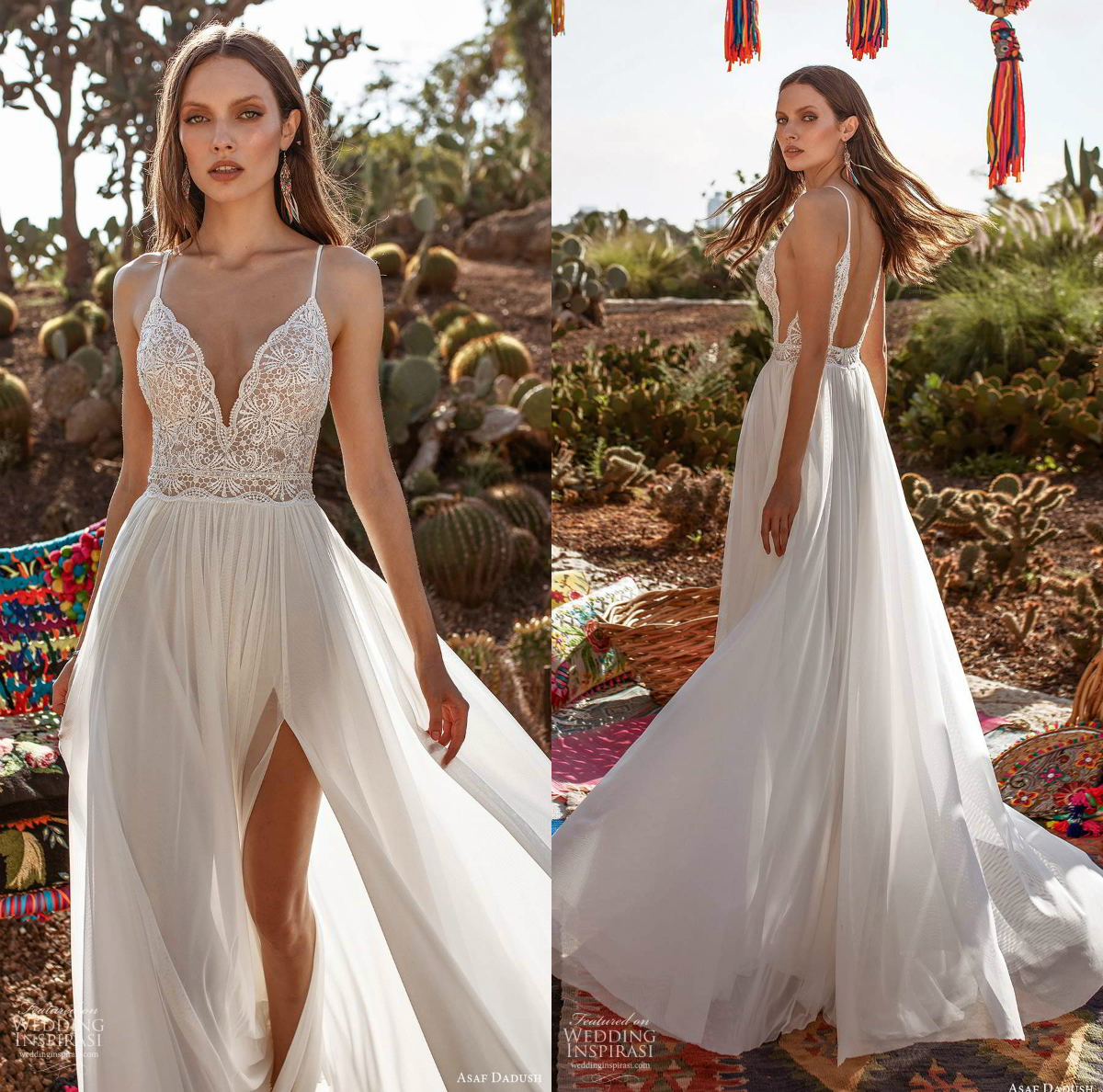 

Asaf Dadush 2020 Wedding Dresses Weave Spaghetti Lace Appliques Boho Bridal Robes De Mariée Custom Made High Split Bohemian Wedding Dress, Dark navy