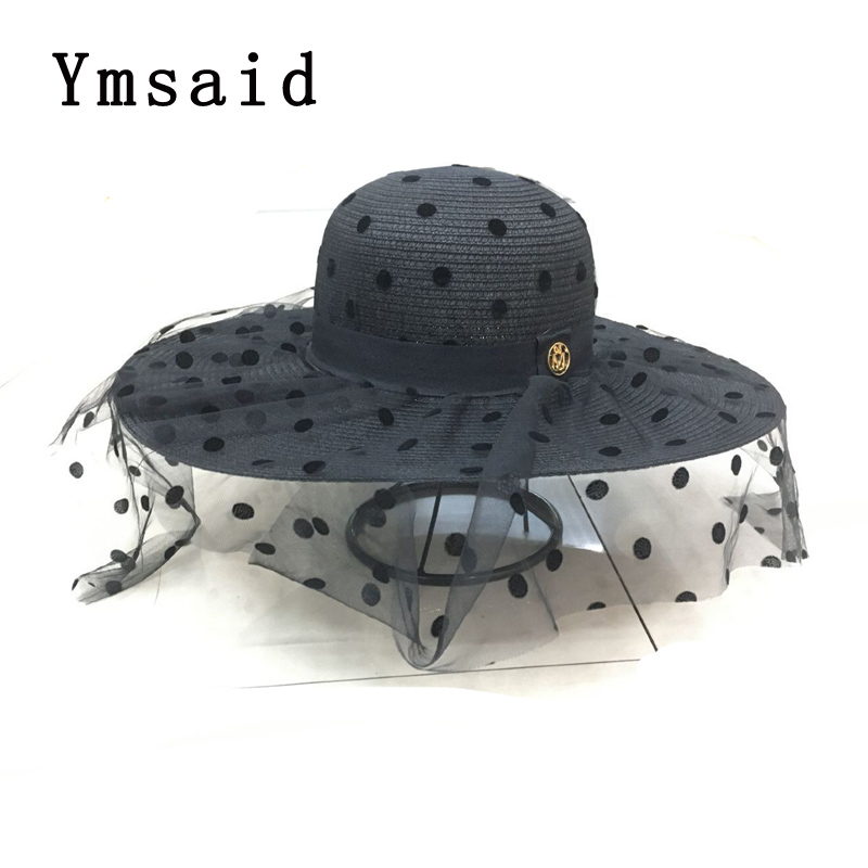 

Summer Elegant Dot Mesh Straw Hat Women Wide Brim Sun Protection Beach Hat 2020 New Floppy Foldable Sun Hats for Women Ladies, Black