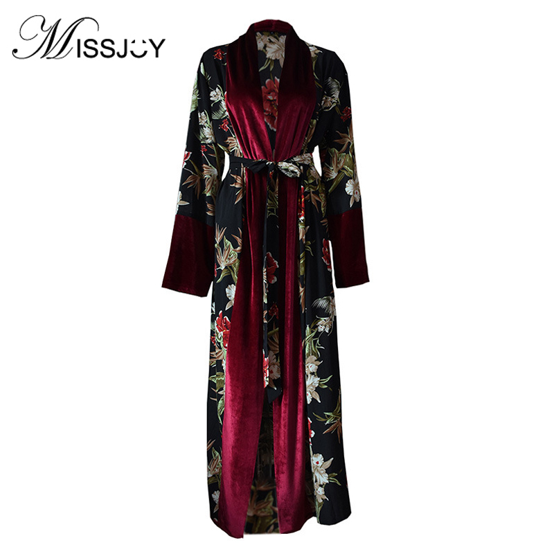 

MISSJOY Open abaya Maxi Velvet Dress Women Dubai Kaftan Clothing 2018 Cardigans Long Sleeve Flower Printed Islamic Muslim kimono