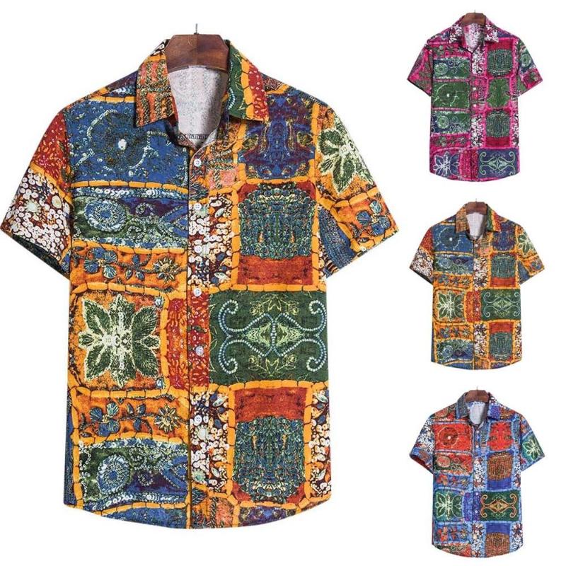 

5XL Summer Casual Men Baggy Beach Hawaiian Print Short Sleeve Button Retro Shirts Tops Blouse Men Shirt 2020 Summer New, Yellow