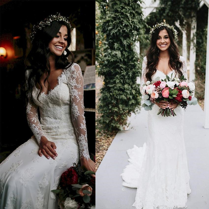 

Glamorours Country Lace Wedding Dresses Long Sleeve Garden Bohemian Bridal Dress Vintage Full Lace Sheath Wedding Gowns V Neck Applique, White