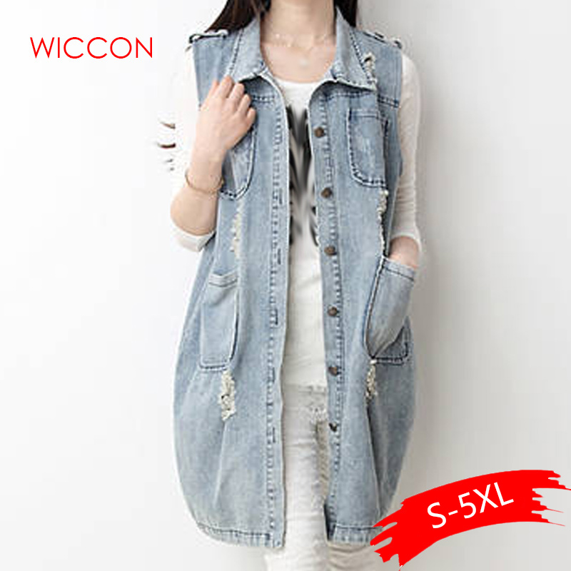 

2019 New Spring Brand High-quality Hole Pockets Cowboy Vest Turn-down Collar Sleeveless Long Loose Waistcoat Women -5XL, As pic show