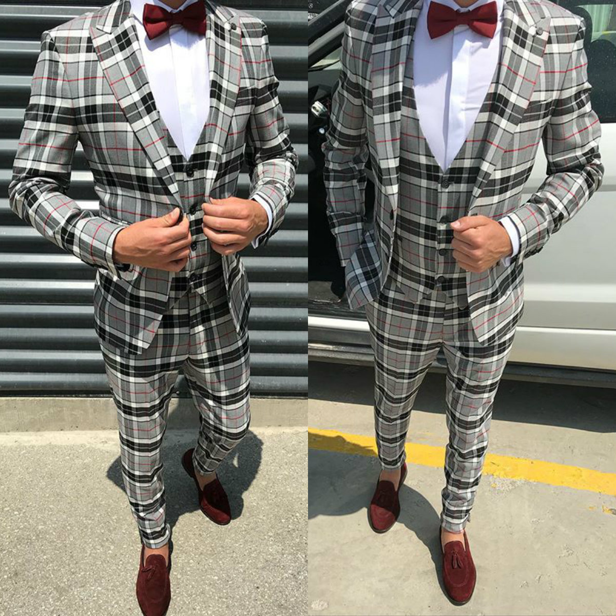 

Three Pieces Wedding Tuxedos High Quality Glen Plaid Blazer Slim Fit Men Suits Two-Button Peaked Lapel Groom Wear Groomsman Set, Beige