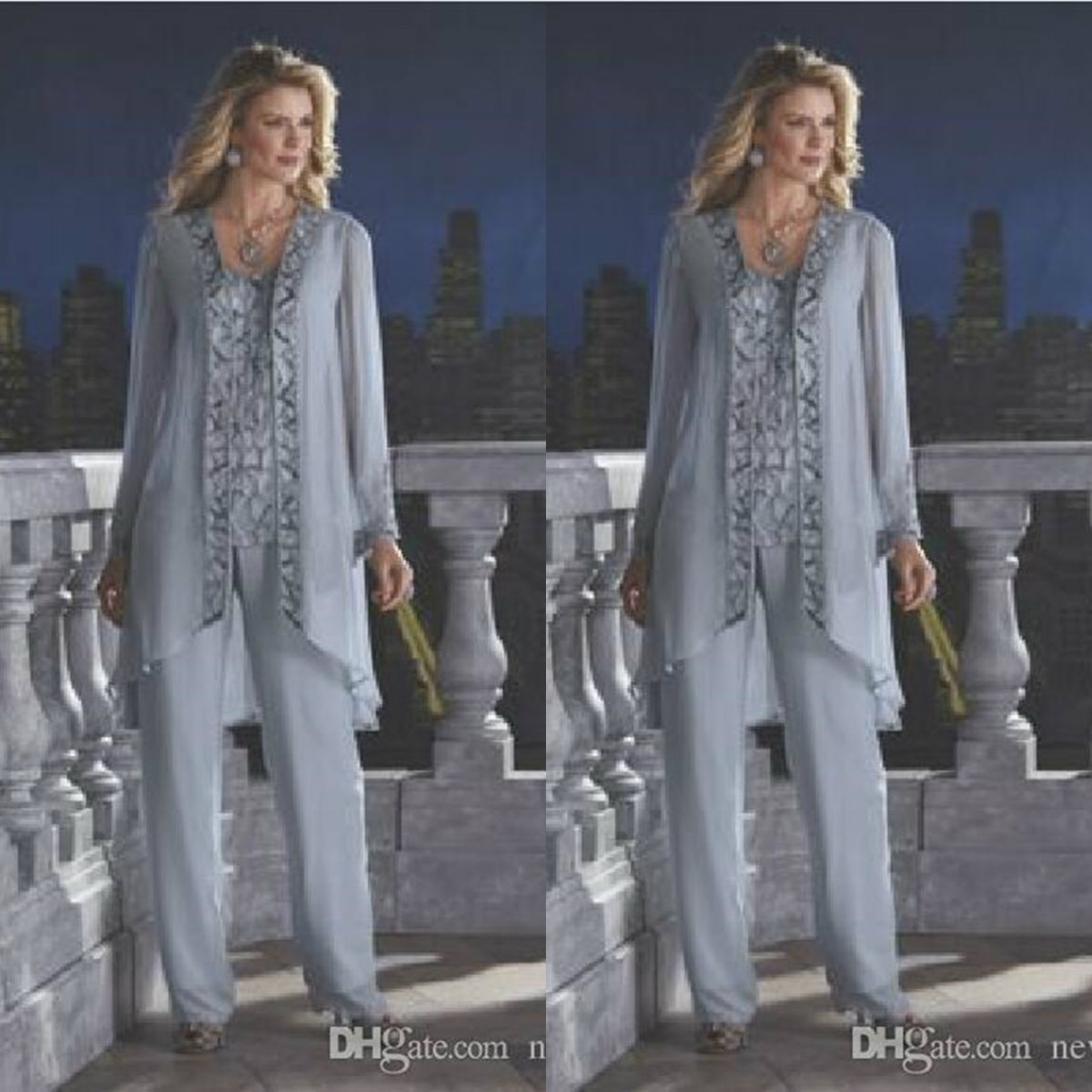 

2019 Mother of the Bride Suits Pant Suit Three Pieces Chiffon Mother of the Bride Dresses Long Sleeve Beads Wedding Guest Gowns