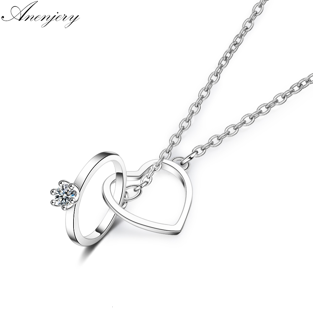 

Charming 925 Sterling Silver Double Circle Heart Zircon Necklace For Women Girl Valentine's Day Present