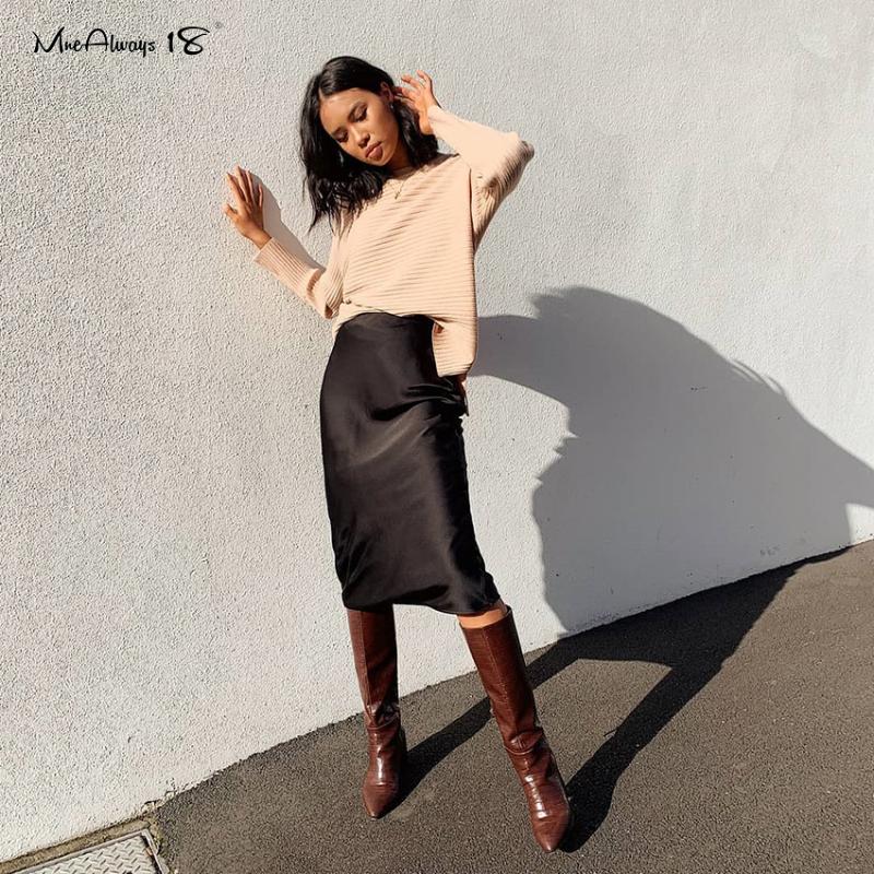 

Mnealways18 Elegant Satin Women Skirt Solid Black High Waist Silk Midi Skirt Ladies Casual Knee-Length Office Skirts Spring 2020