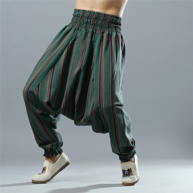 

EWQ / men's wear 2020 spring and summer new casual hand-woven striped cotton and linen elastic waist big crotch pants 9Y1213, Green