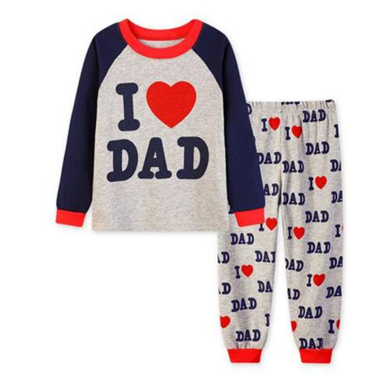 New Drop Shipping Cotton Children Sleepwear I Love Dad Long Sleeves Night wear Pijamas For Boy I Love Mom Sleeping Clothes Sets-image-405274367