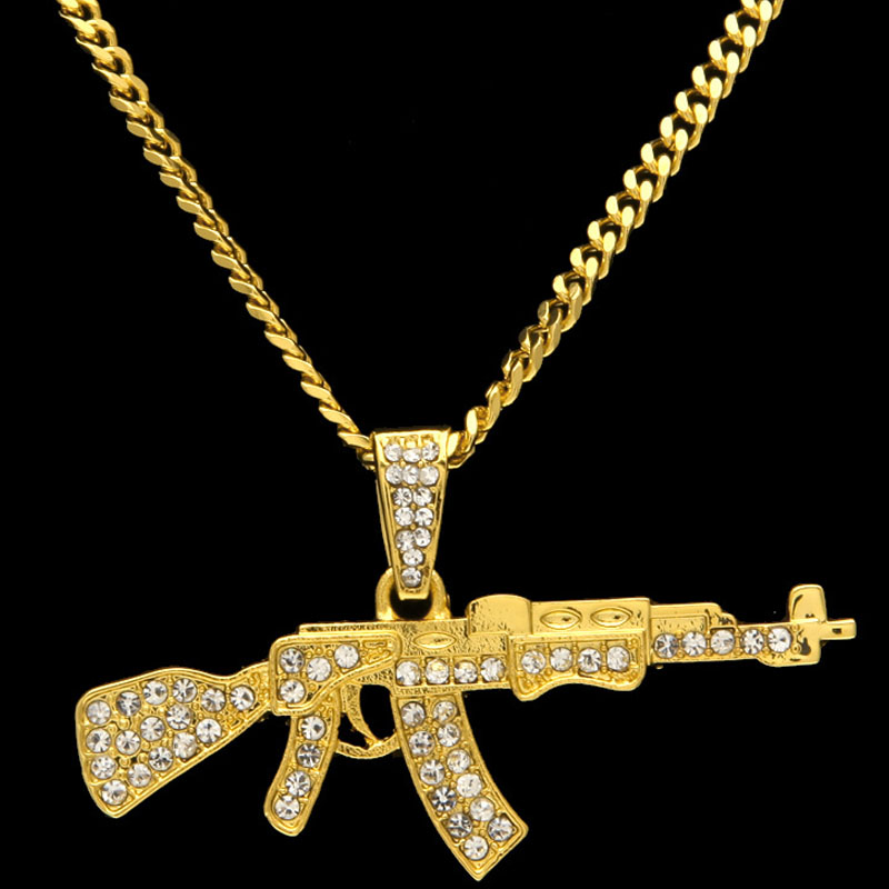 

Wholesale Necklace Hip Hop Pendant Necklaces A K 47 Gun Diamond Mini Tom Gun A S G Rifle Pendant Super Personality Jewelry