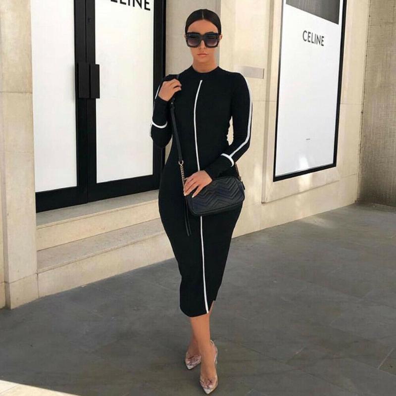 

Autumn New Black Panelled Long Sleeve Dress Women Turtleneck Skinny Sexy Contrast Color Pencil Midi Vestidos Mujer Kleider Damen