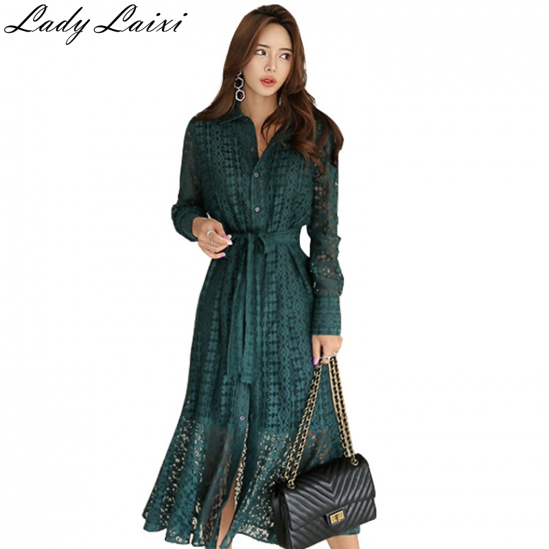 

2020 Autumn Women Long Sleeve Lace Dress Beach Vintage Maxi solid Hollow out Dresses Boho Casual Belt Dress Robe Femme, Green