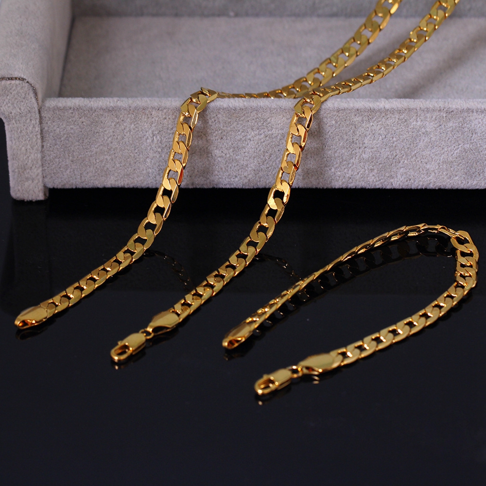 8mm Jewelry Set 18k Yellow Gold Filled Womens Mens Necklace Bracelet Curb Chain Link Flat Jewelry Gift-image-502316684