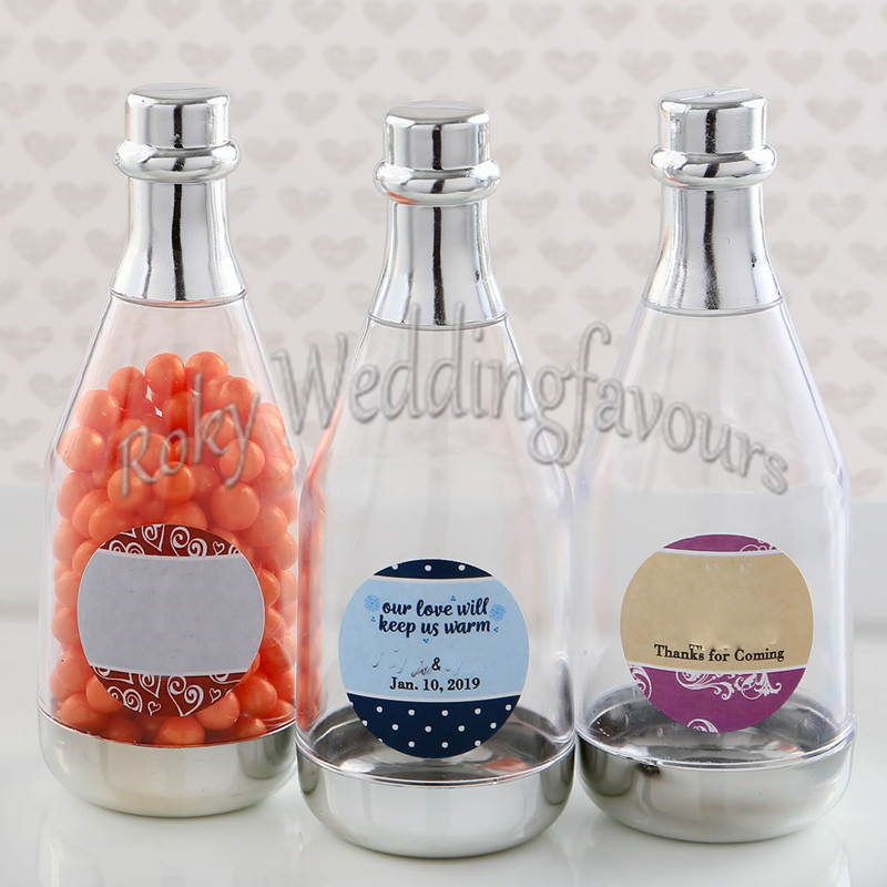 

100PCS Gold Plastic Champagne Bottle Favors Wedding Party Candy Boxes Bridal Shower Anniversary Event Table Reception Decors Idea
