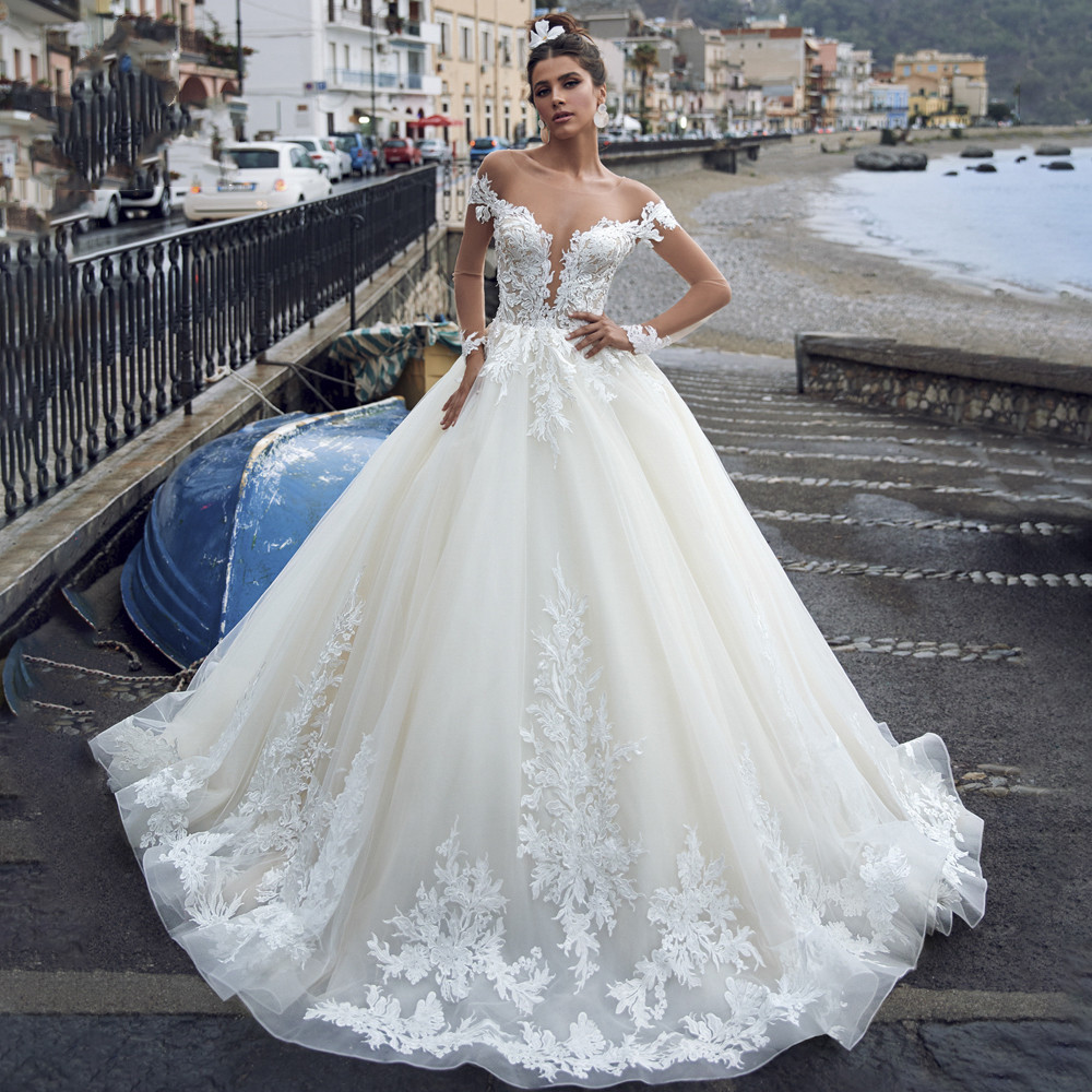 

Swanskirt Sweetheart Appliques Wedding Dresses 2020 New Arrival Long Sleeve Ball Gown Princess Bride Gowns Vestido de Noiva, Gold