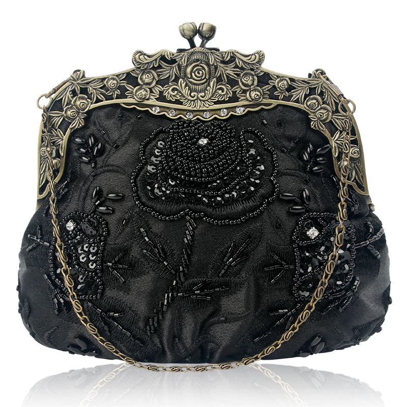 

Designer-Women's Antique Beaded Party Clutch Bag Vintage Rose Purse Evening Handbag, Black