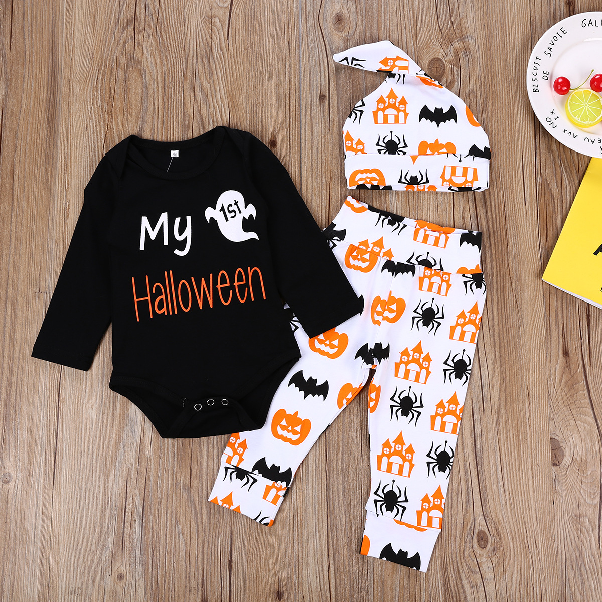 

baby Kids Halloween clothing romper sets O-neck Long Sleeve Pumpkin Spider Shirt +Pants +Hat Infant Halloween clothes 3 pcs Set, As pic / 1 lot= 1 sets=romper+pant+hat