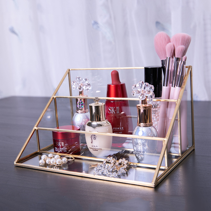 

Nordic Triangle Display Stand Bathroom Make Up Brush Lipstick Organizer 3-Layers Glass Makeup Organizer Home Decoration Gadgets